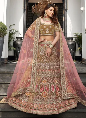 Green and Pink Multi Embroidered Wedding Lehenga Choli