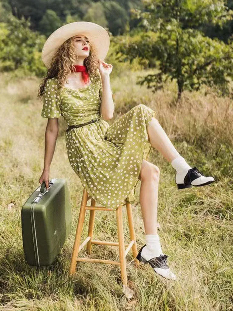 Green Daisy Puff Sleeve Smocking Chiffon 1950S Vintage Dress