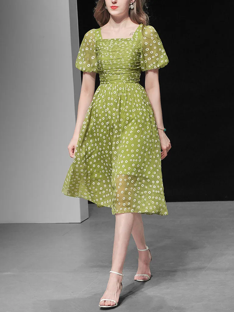 Green Daisy Puff Sleeve Smocking Chiffon 1950S Vintage Dress