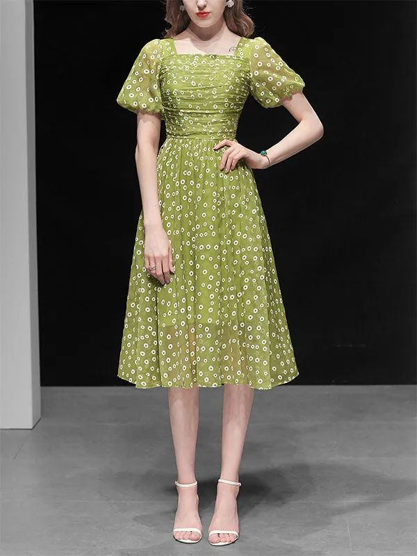Green Daisy Puff Sleeve Smocking Chiffon 1950S Vintage Dress