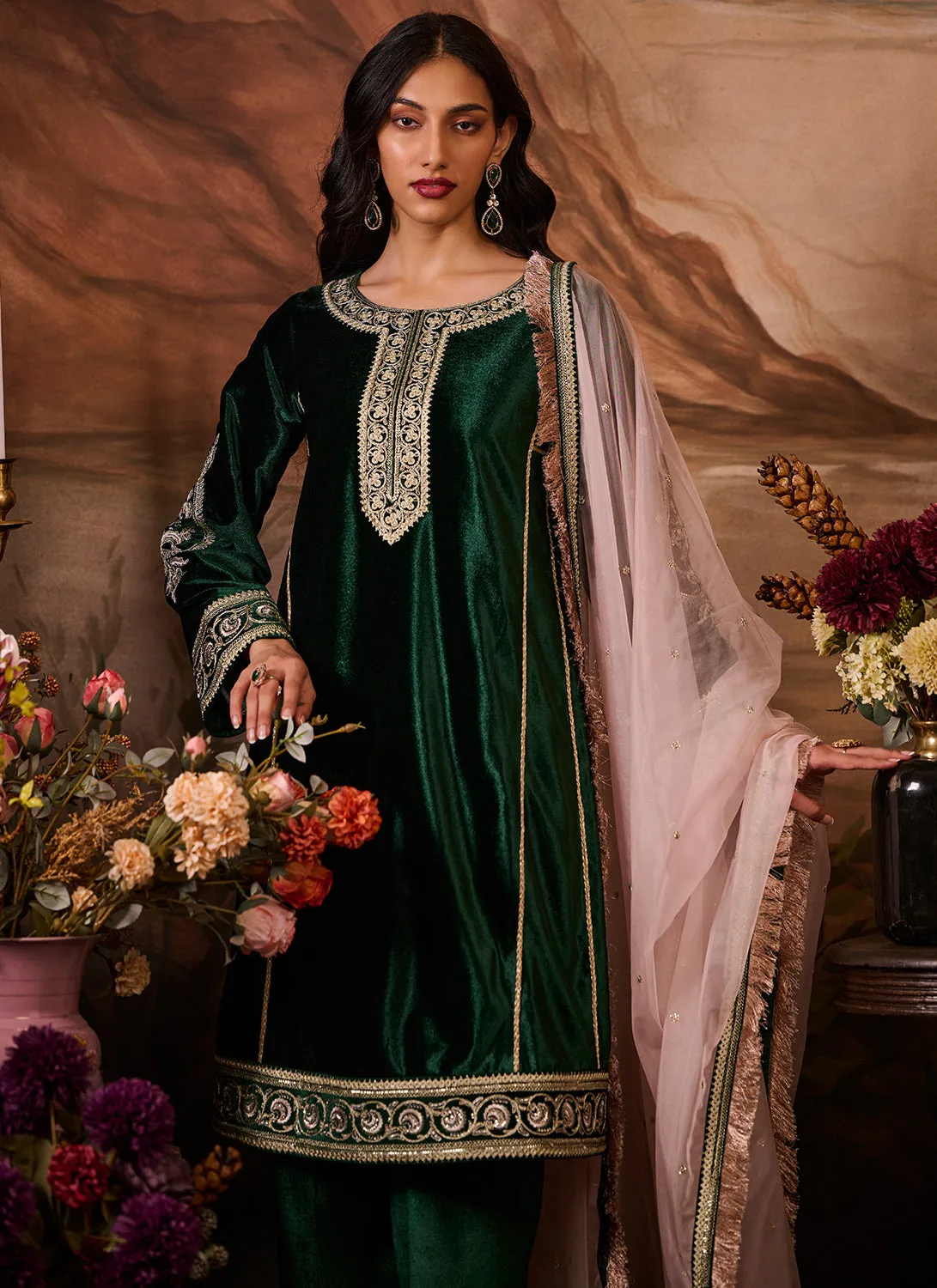 Green Embroidered Velvet Pant Suit