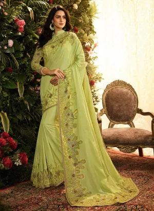 Green Golden Embroidered Bridal Saree With Blouse