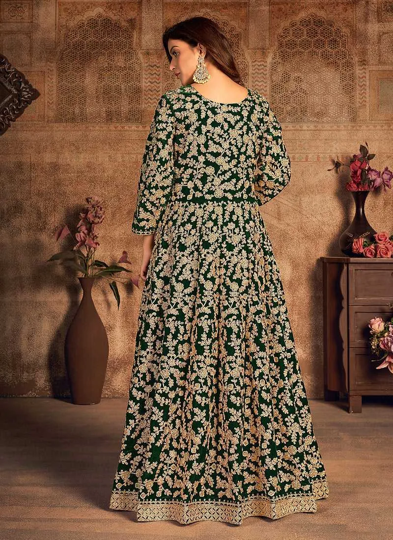 Green Heavy Embroidered Designer Velvet Anarkali Suit