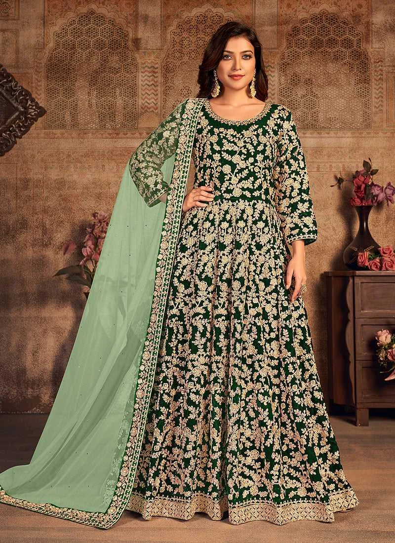 Green Heavy Embroidered Designer Velvet Anarkali Suit