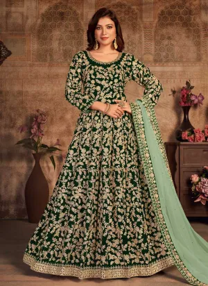 Green Heavy Embroidered Designer Velvet Anarkali Suit
