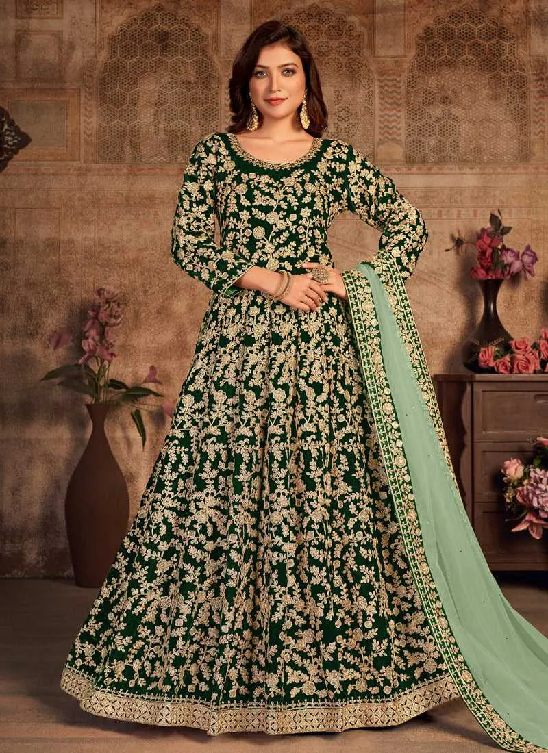 Green Heavy Embroidered Designer Velvet Anarkali Suit