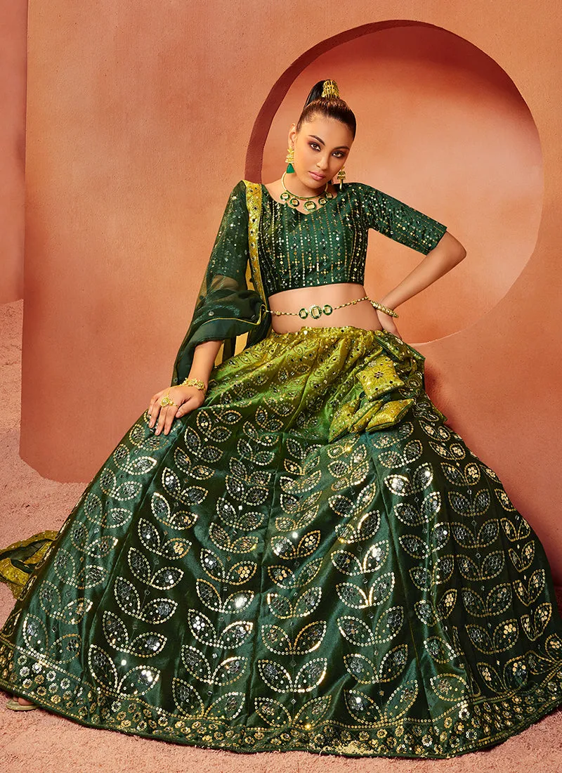 Green Mirror Work Embroidery Shaded Velvet Lehenga Choli