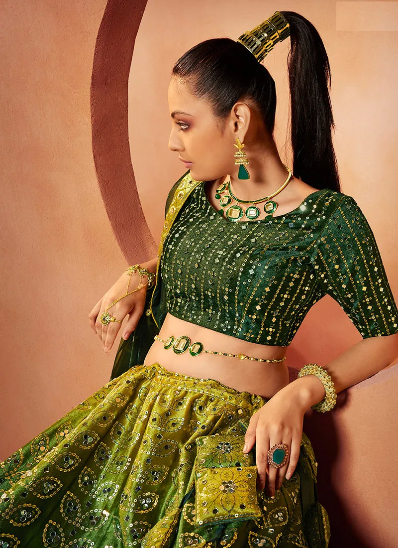 Green Mirror Work Embroidery Shaded Velvet Lehenga Choli
