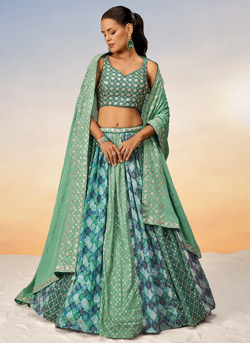 Green Two Tone Sequence Embroidery Bridal Lehenga Choli