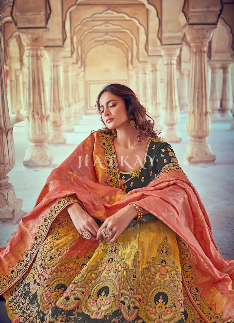 Grey And Peach Embroidered Silk Wedding Lehenga Choli