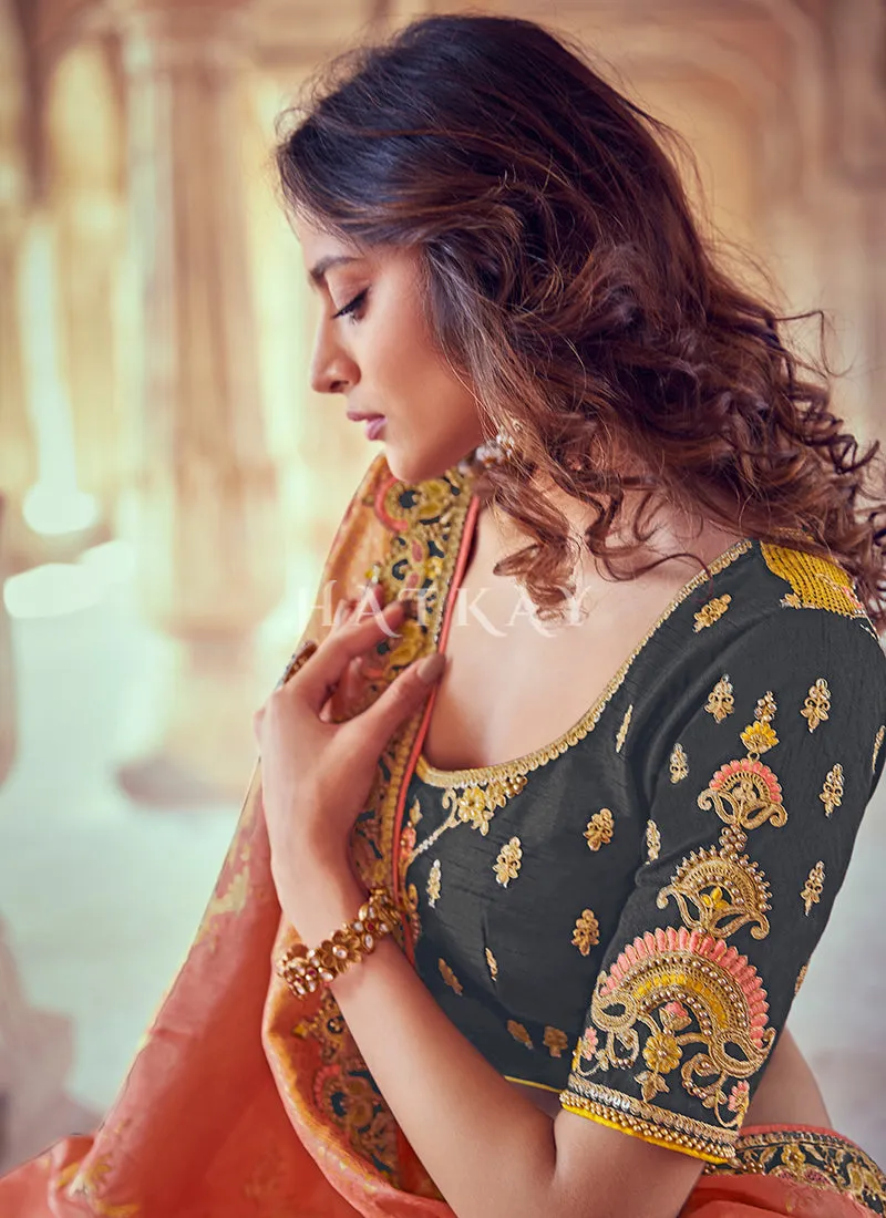 Grey And Peach Embroidered Silk Wedding Lehenga Choli