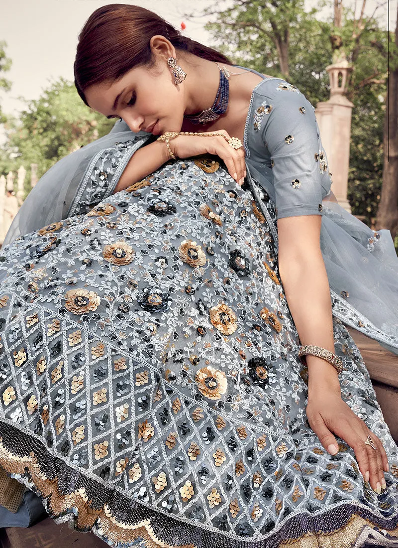 Grey Golden Sequence Lehenga Choli