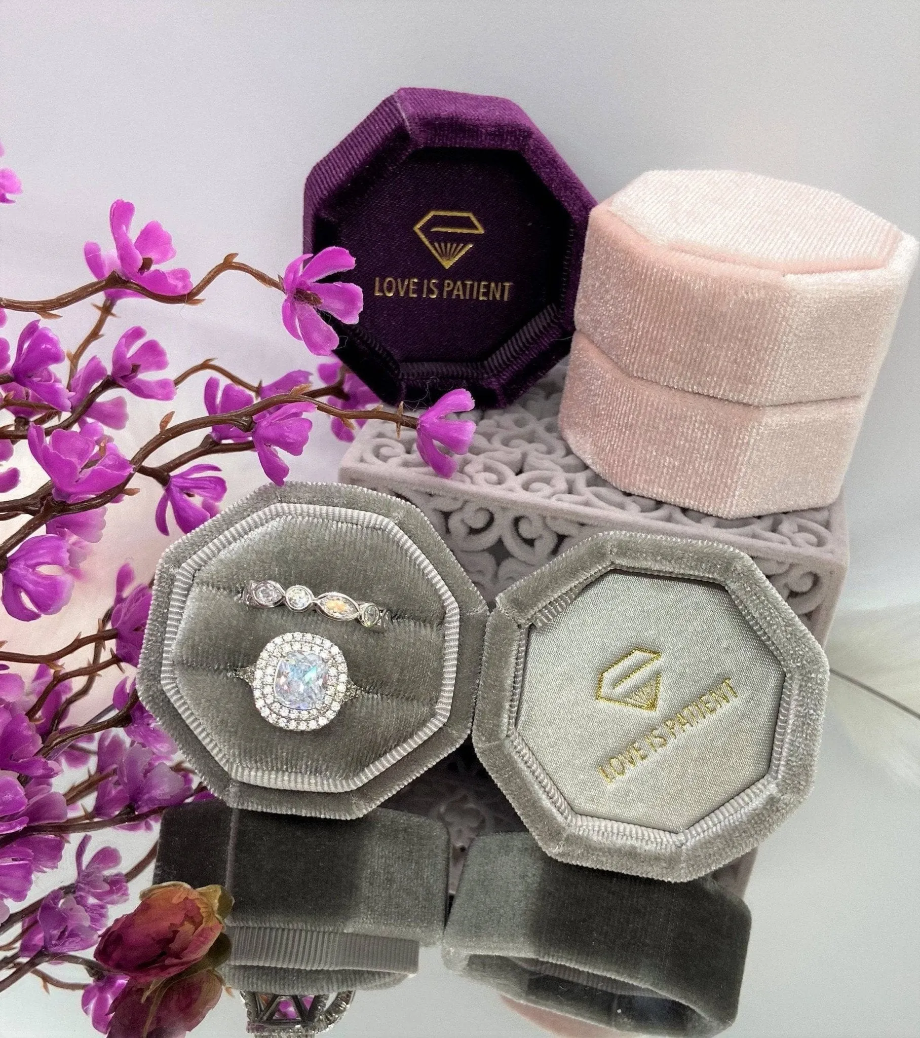 Grey Love Is Patient Double Ring Slots Octagon Velvet Ring Box