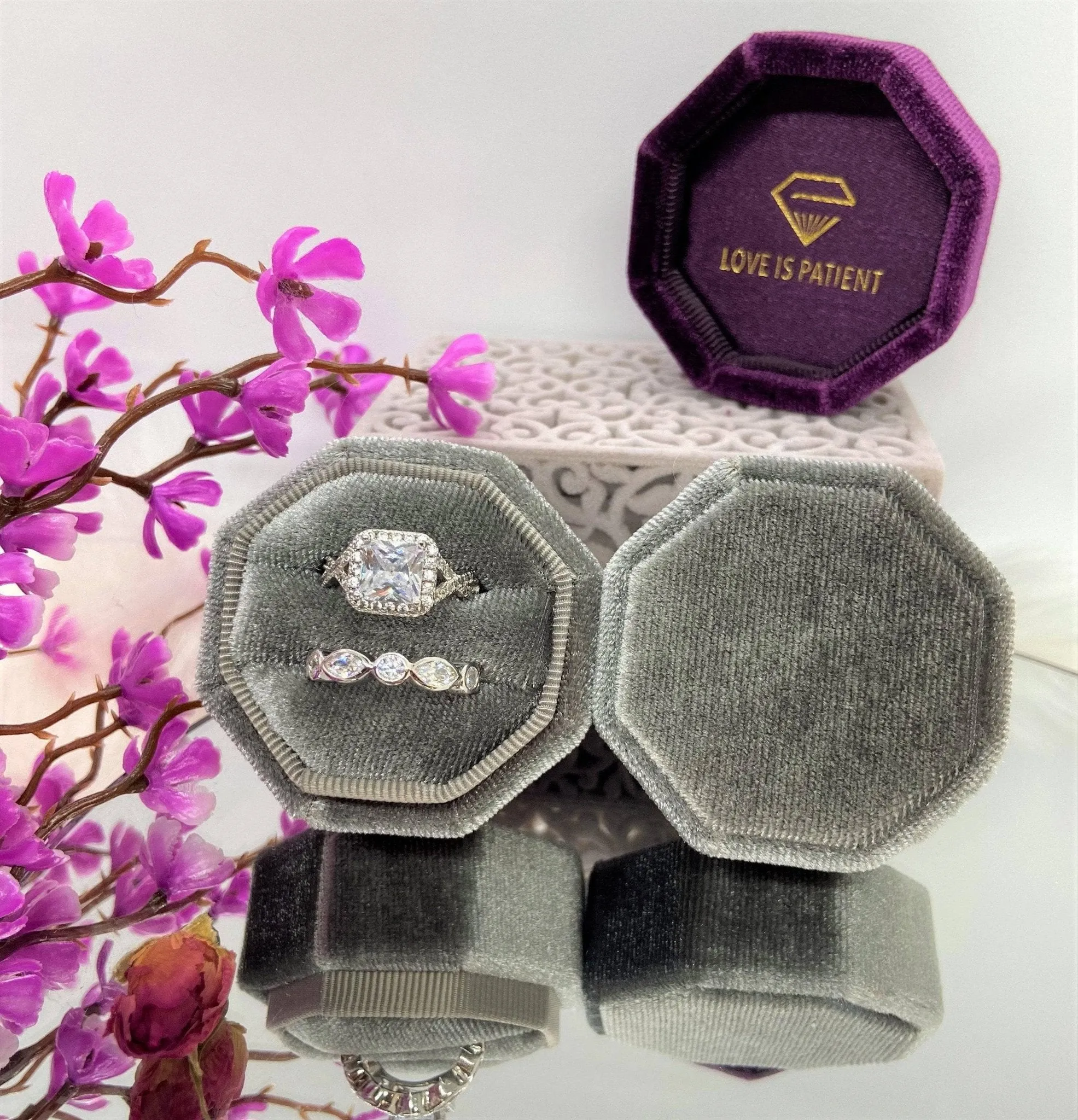 Grey Love Is Patient Double Ring Slots Octagon Velvet Ring Box