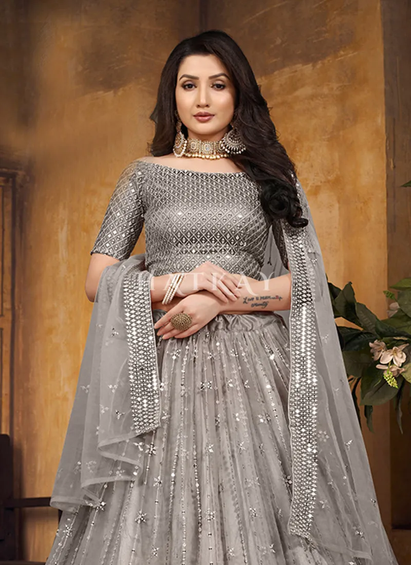 Grey Mirror Work Net Lehenga Choli