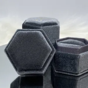 Grey Single Slot Hexagon Velvet Ring Box