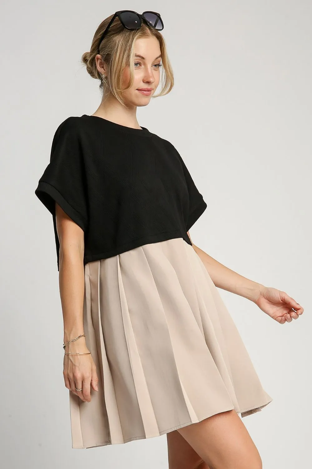 Hazel Blues® | Umgee Round Neck Pleated Dress with Side Pockets