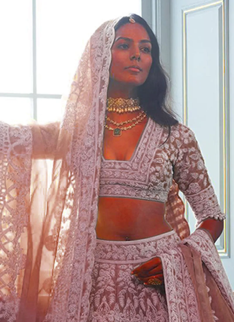 Hazy Pink Cording Embroidery Wedding Lehenga Choli And Dupatta