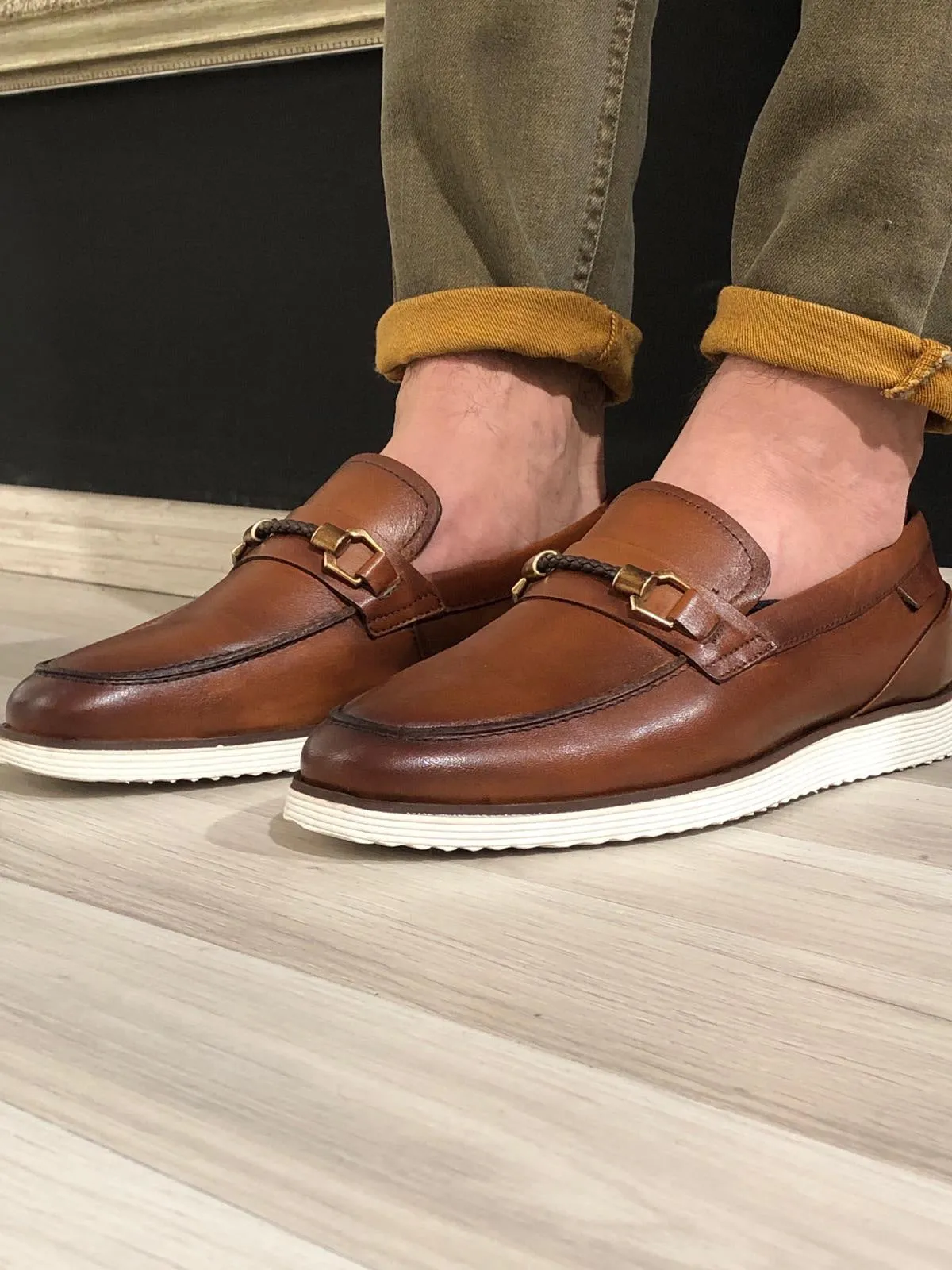 Heritage Buckle Detail Tan Loafers