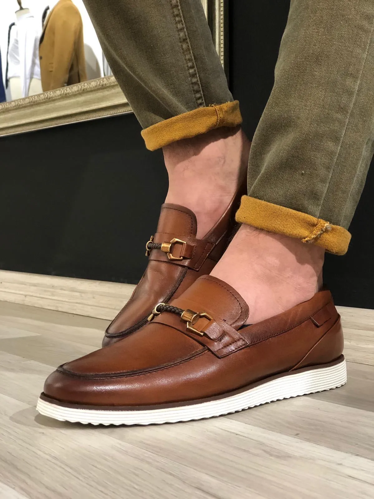 Heritage Buckle Detail Tan Loafers
