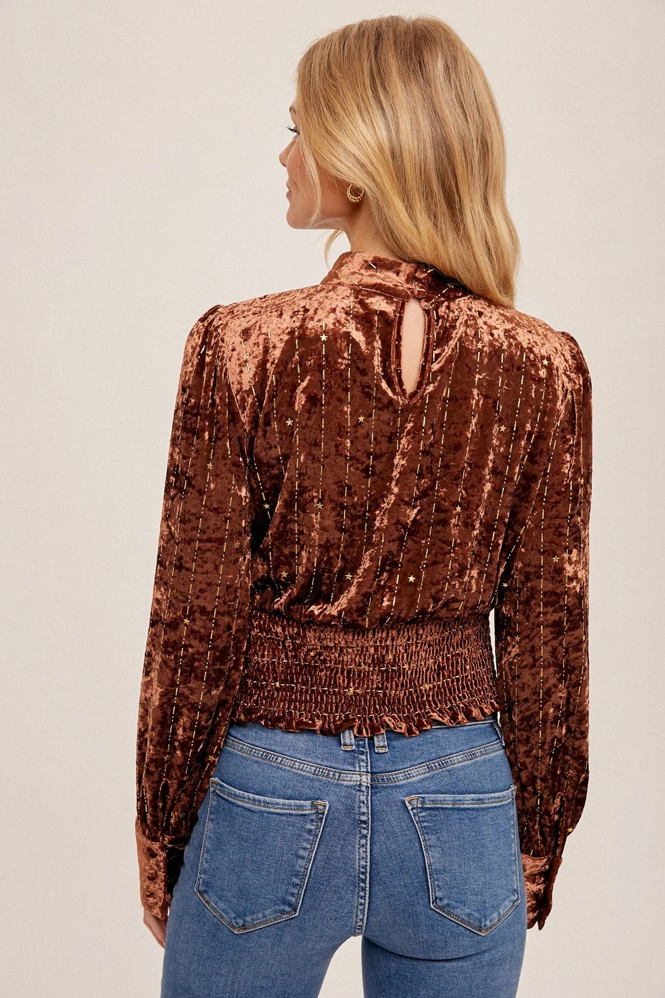 High Collar Smocked Waist Velvet Top