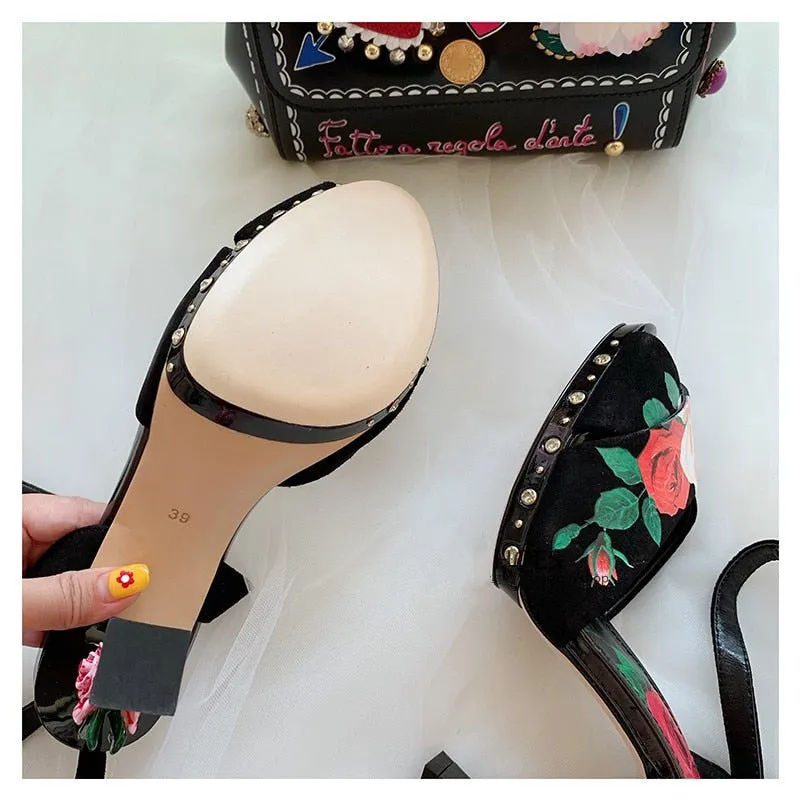 High end design high heels rose flower insert strange heel summer sandals floral printing formal wedding party shoes women