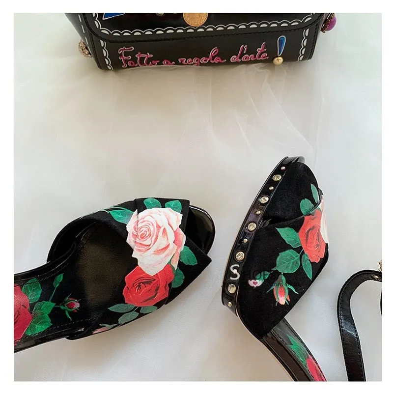 High end design high heels rose flower insert strange heel summer sandals floral printing formal wedding party shoes women
