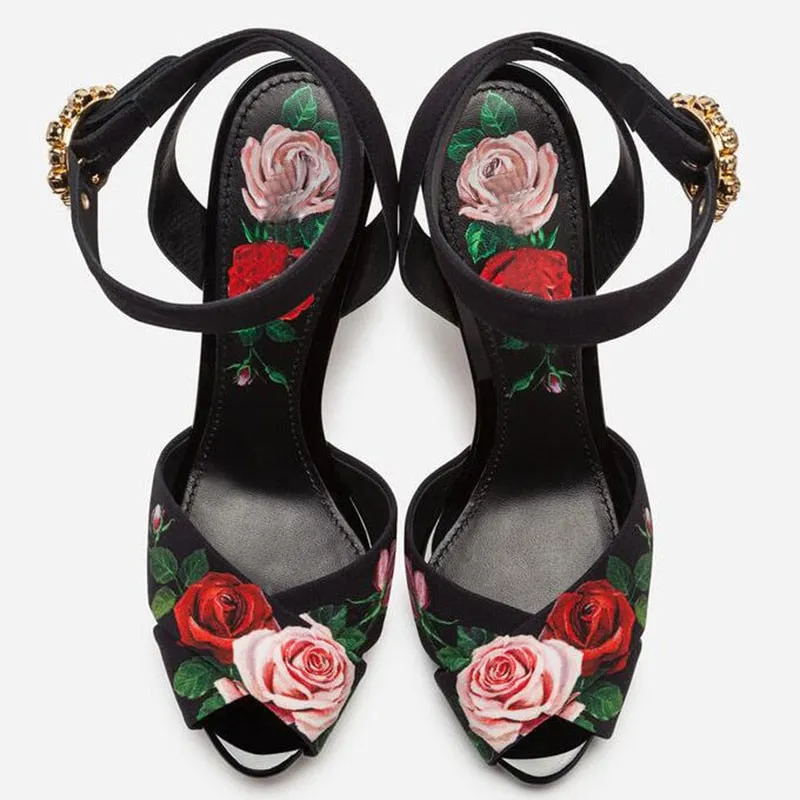 High end design high heels rose flower insert strange heel summer sandals floral printing formal wedding party shoes women