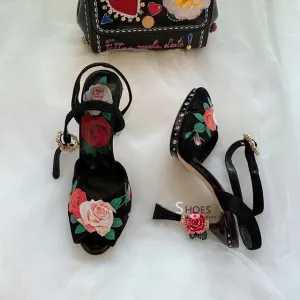 High end design high heels rose flower insert strange heel summer sandals floral printing formal wedding party shoes women