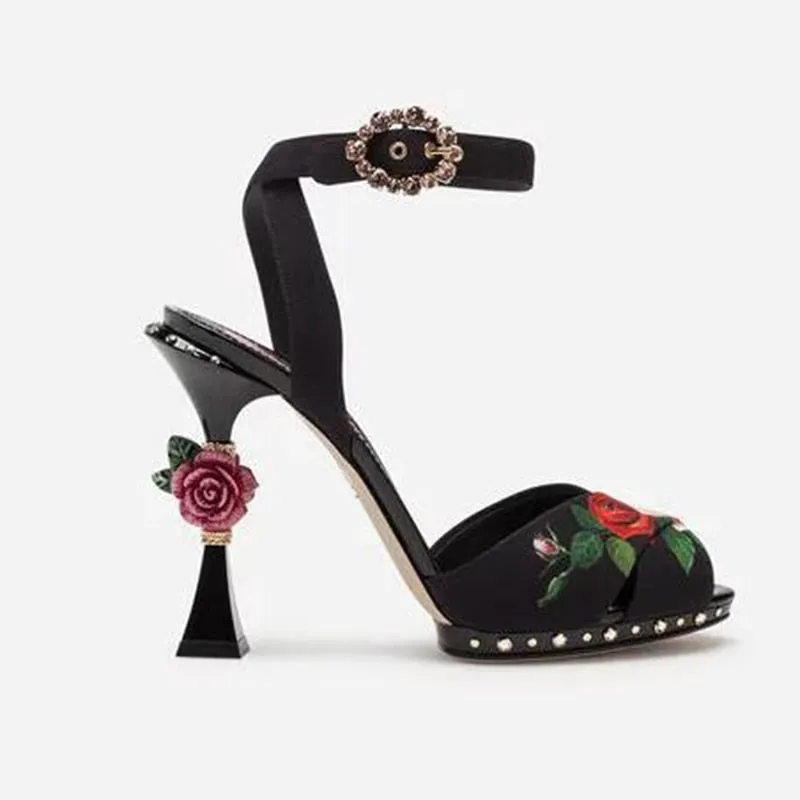 High end design high heels rose flower insert strange heel summer sandals floral printing formal wedding party shoes women