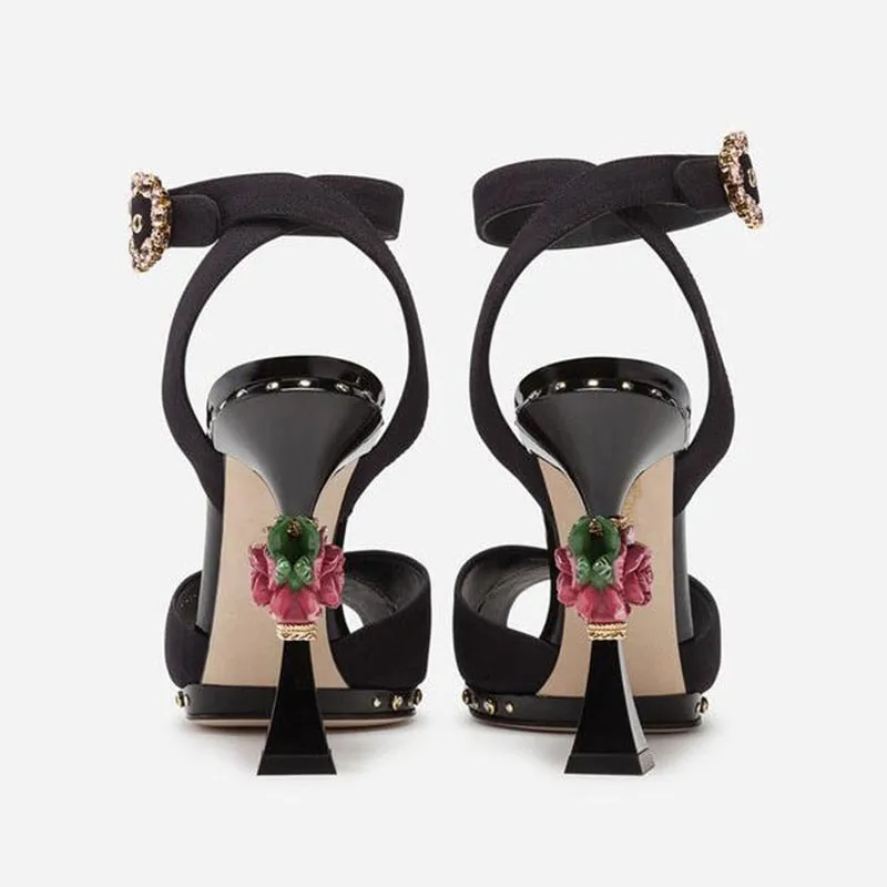 High end design high heels rose flower insert strange heel summer sandals floral printing formal wedding party shoes women