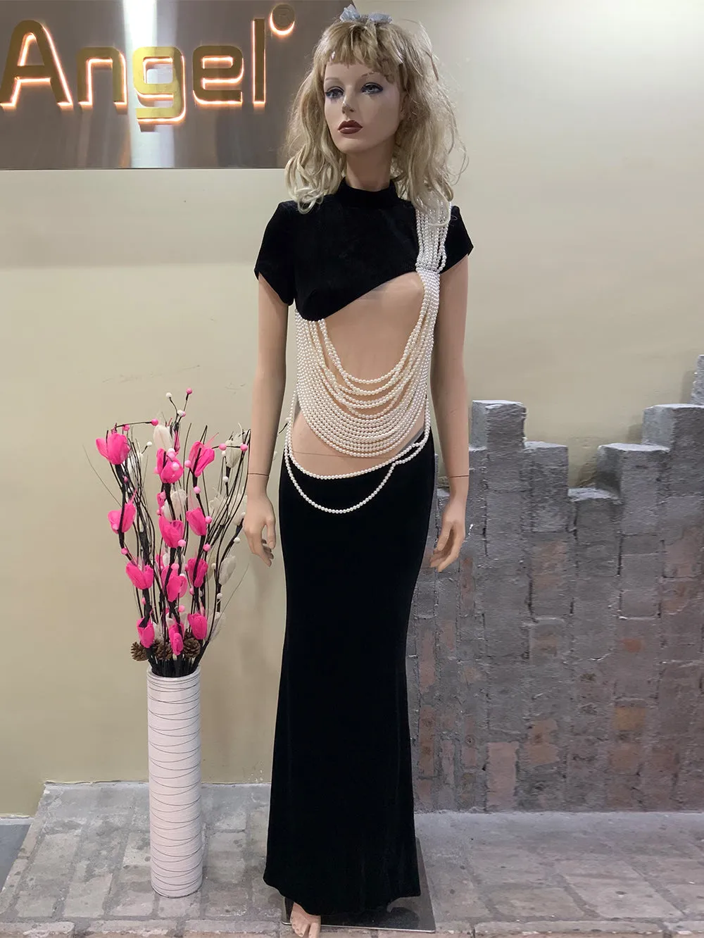 High Neck Short Sleeve Pearl Maxi Bodycon Dress HT1025