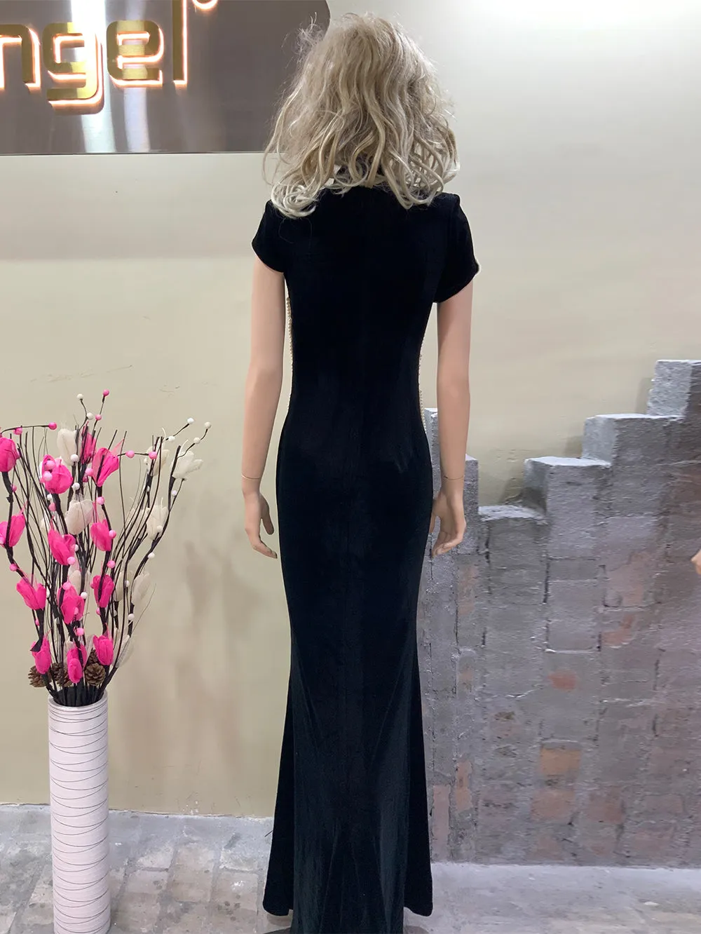 High Neck Short Sleeve Pearl Maxi Bodycon Dress HT1025