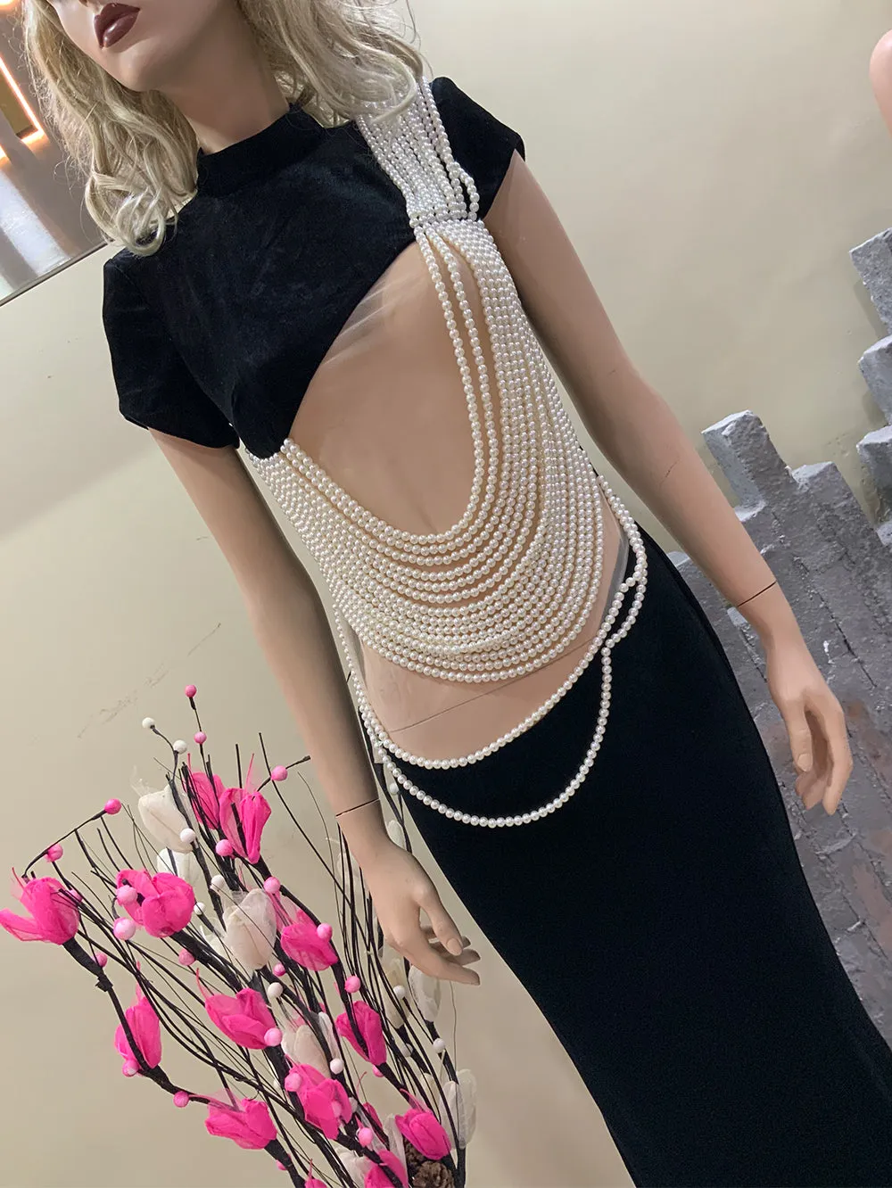 High Neck Short Sleeve Pearl Maxi Bodycon Dress HT1025