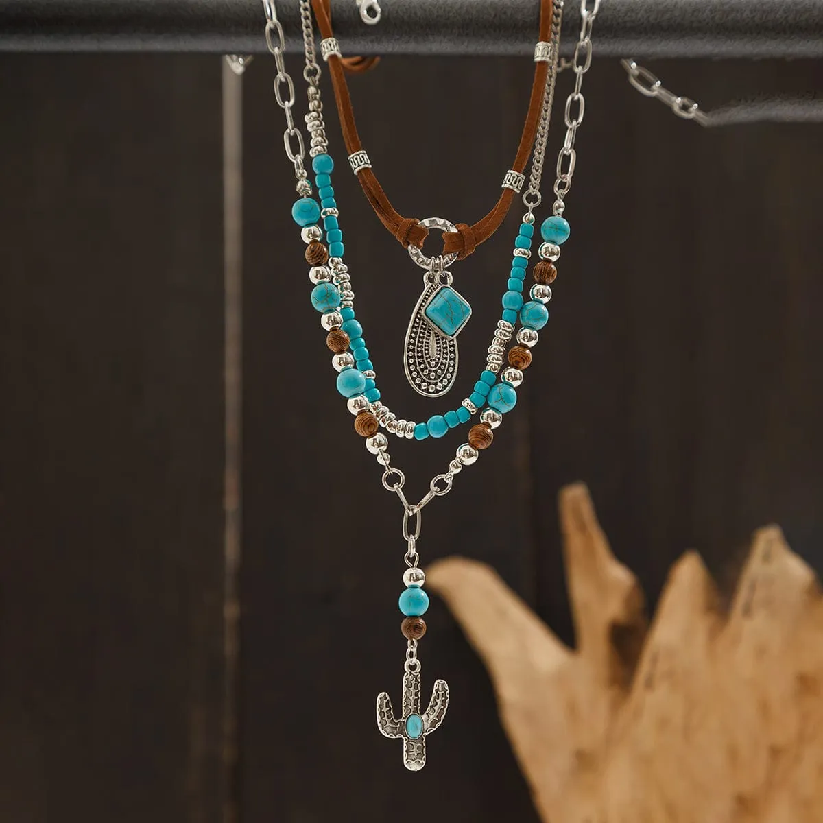 Hippie Layered Cactus Waterdrop Pendant Turquoise Wood Bead Velvet Necklace Set