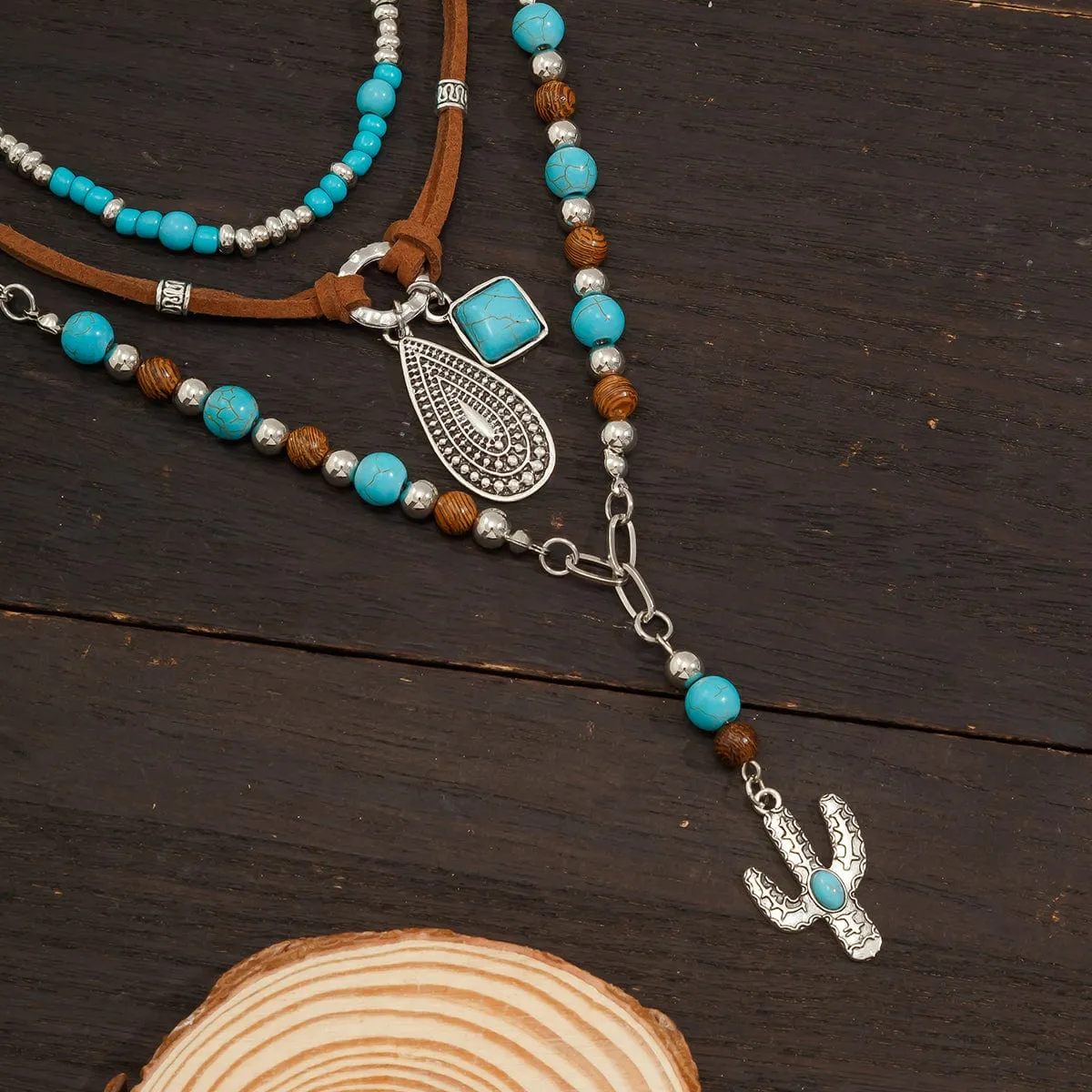 Hippie Layered Cactus Waterdrop Pendant Turquoise Wood Bead Velvet Necklace Set