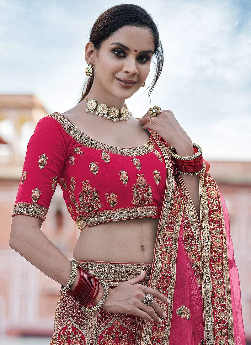 Hot Pink Embroidered Velvet Wedding Lehenga Choli