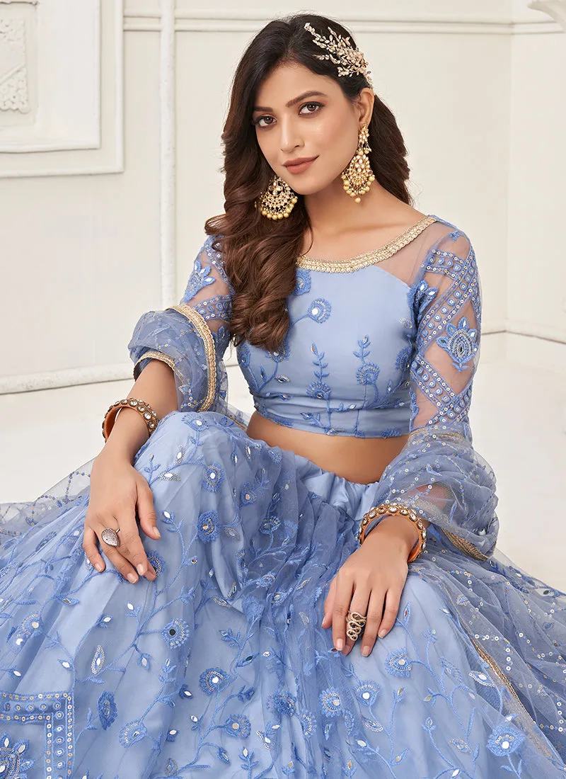 Ice Blue Foil Mirror Embroidery Wedding Lehenga Choli