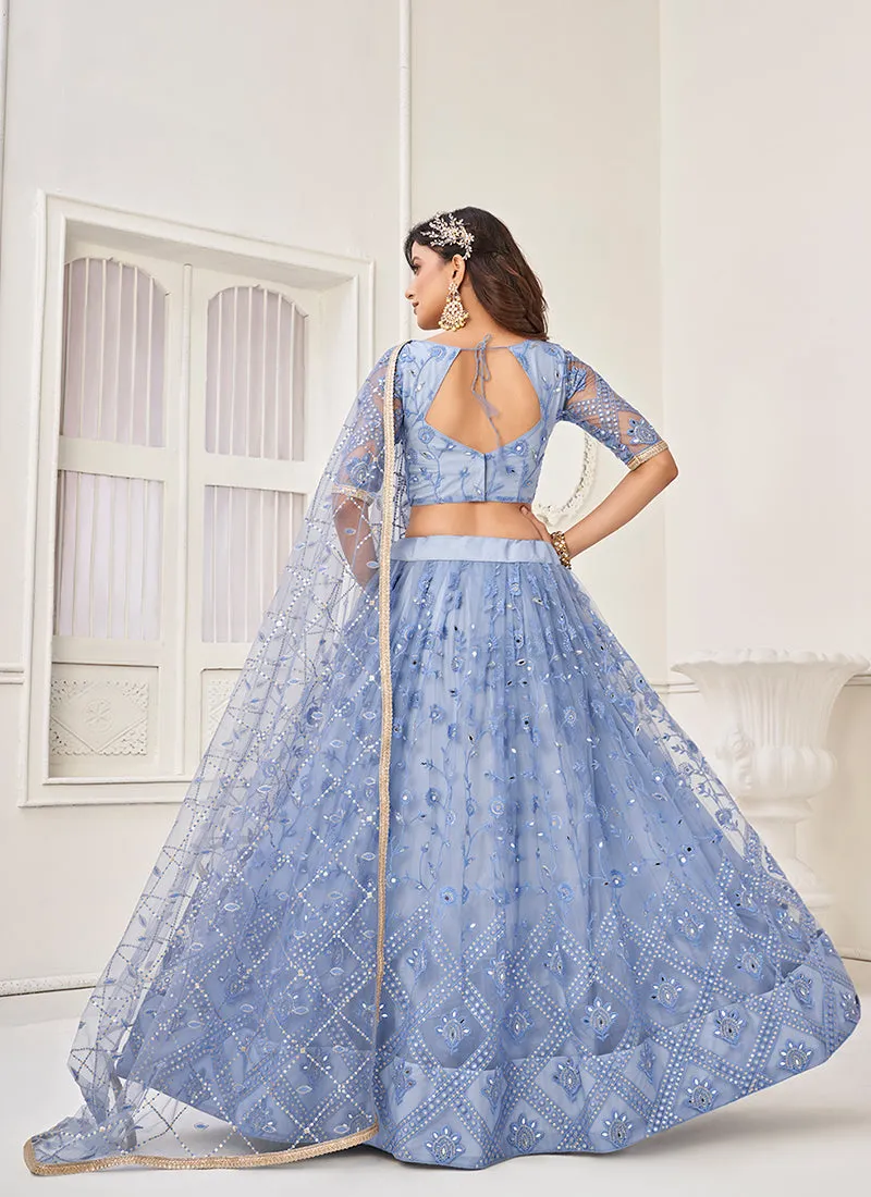 Ice Blue Foil Mirror Embroidery Wedding Lehenga Choli
