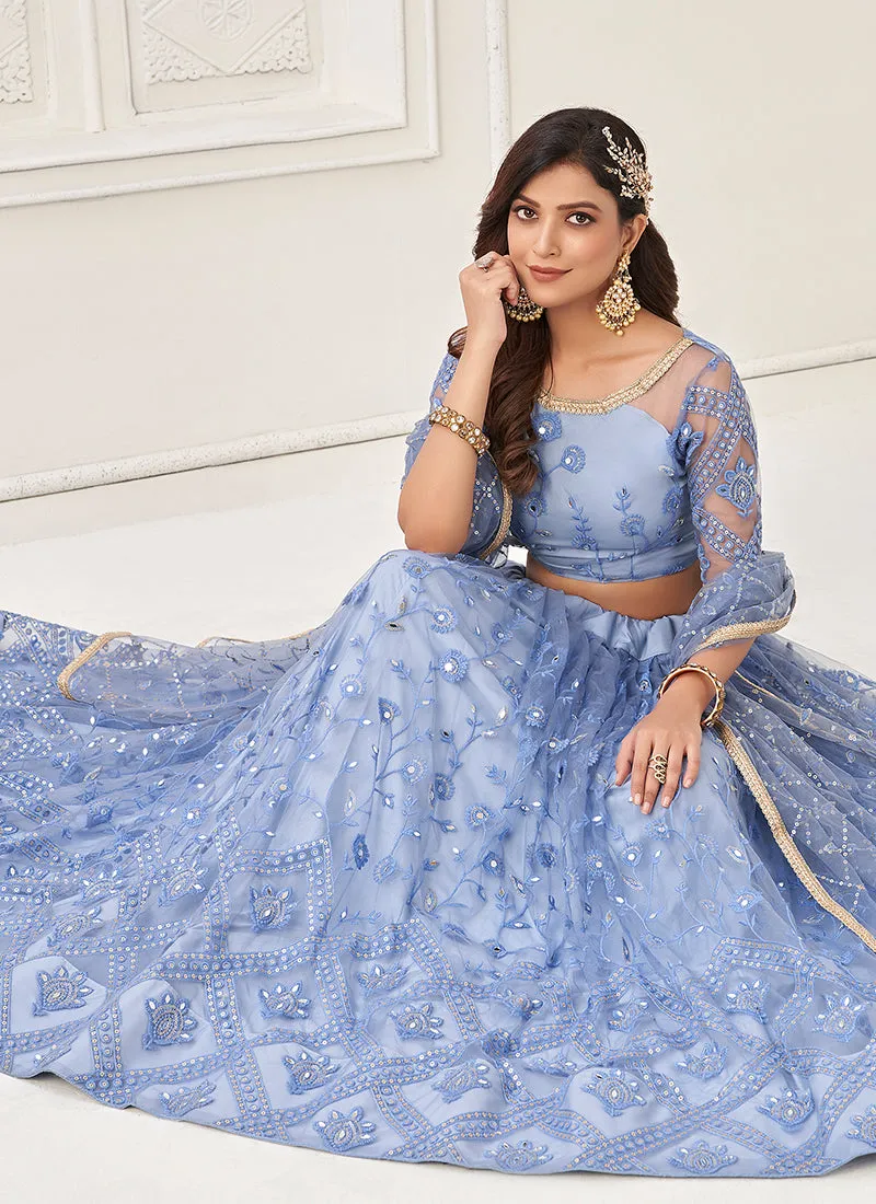 Ice Blue Foil Mirror Embroidery Wedding Lehenga Choli