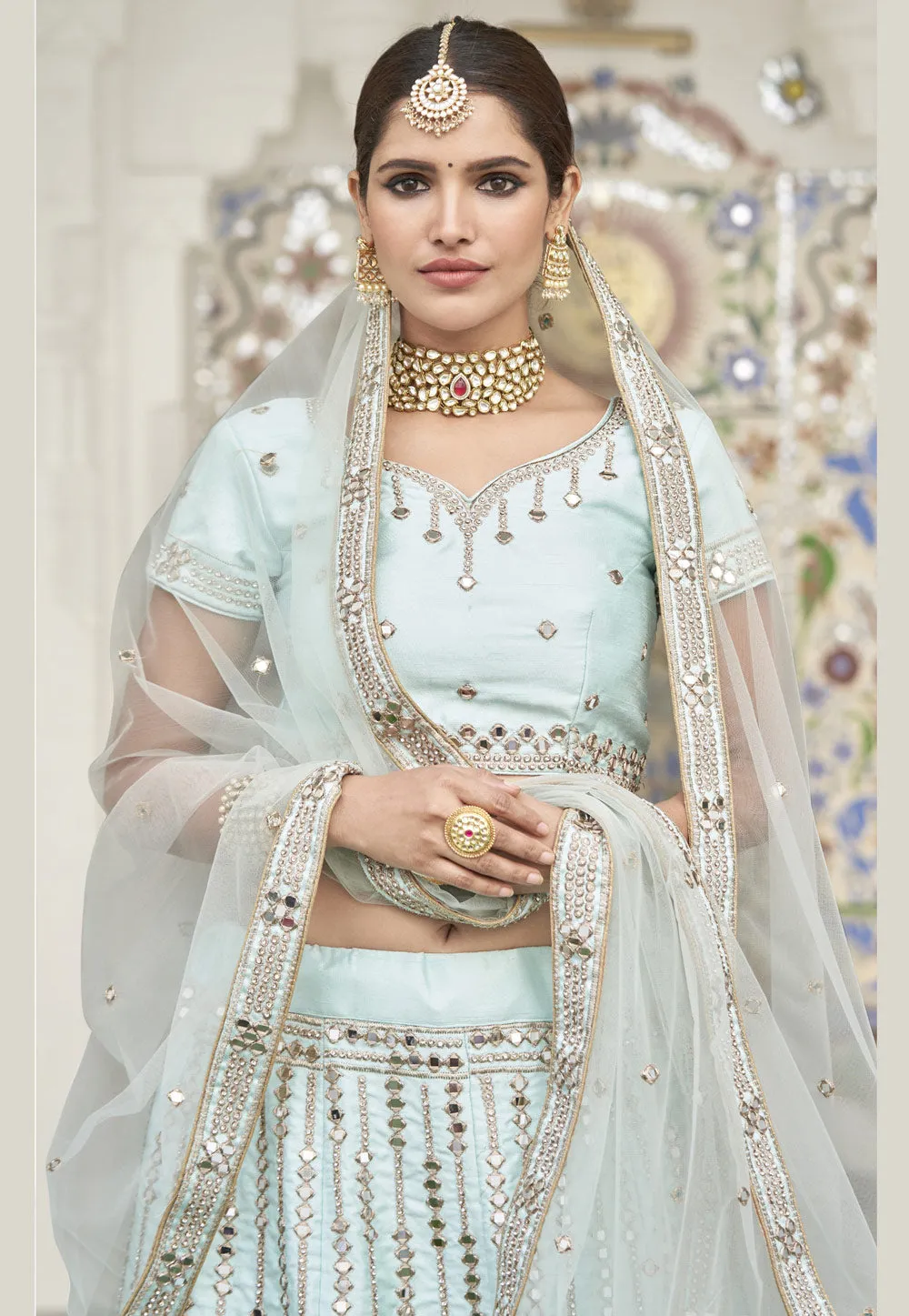 Ice Blue Mirror Work Wedding Lehenga Choli