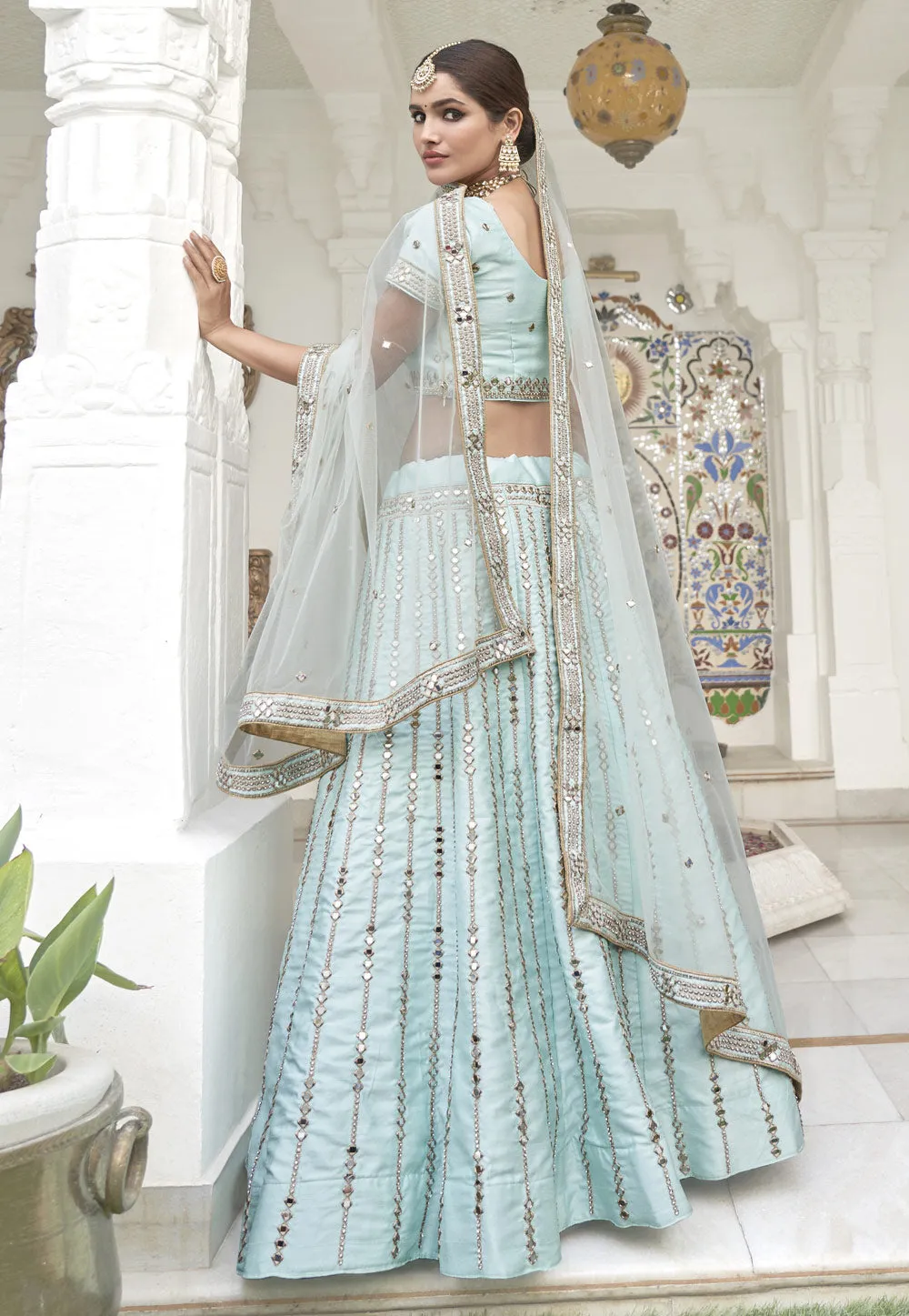 Ice Blue Mirror Work Wedding Lehenga Choli