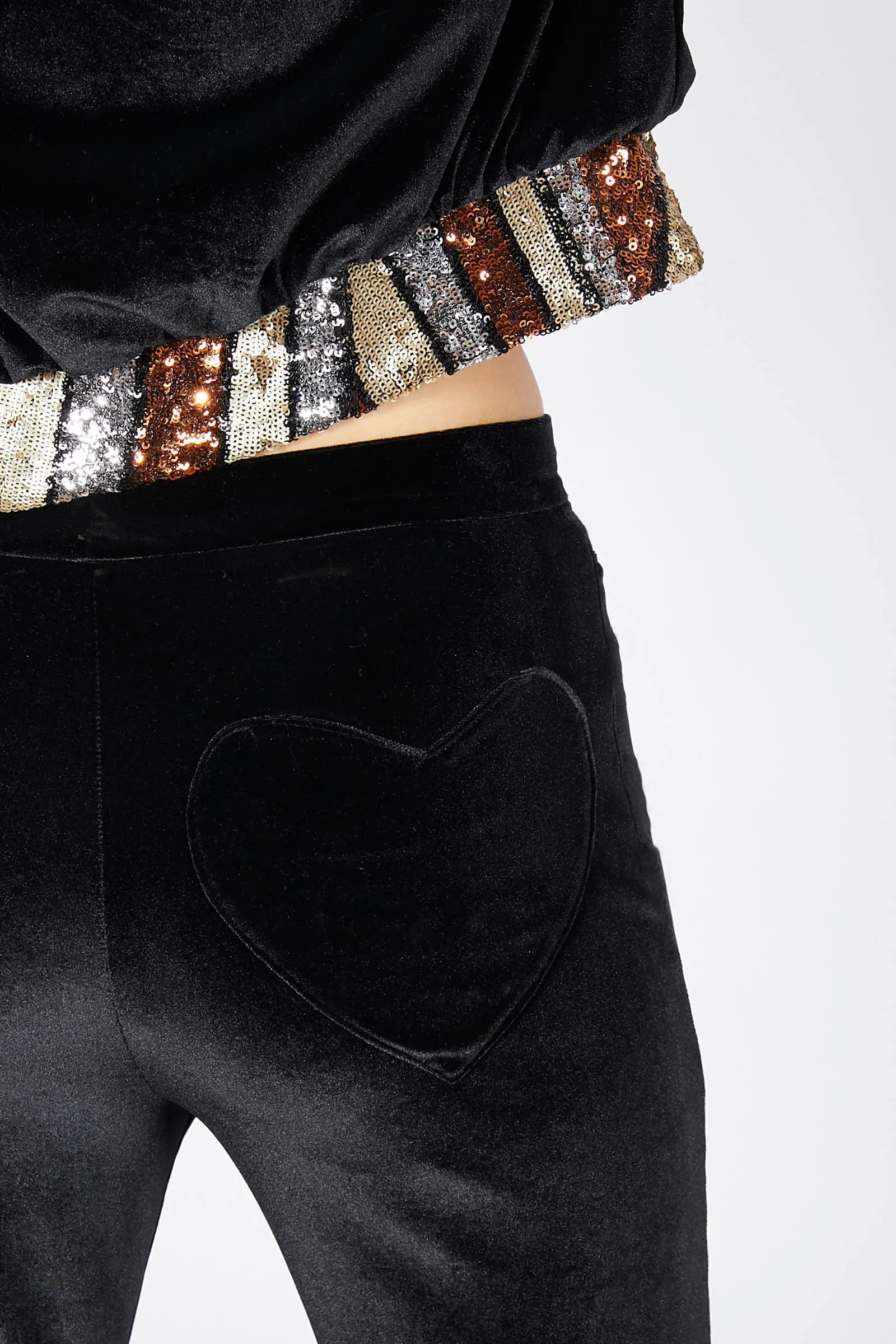 Ilona Rich Black Velvet Bronze Sequin Flared Trousers