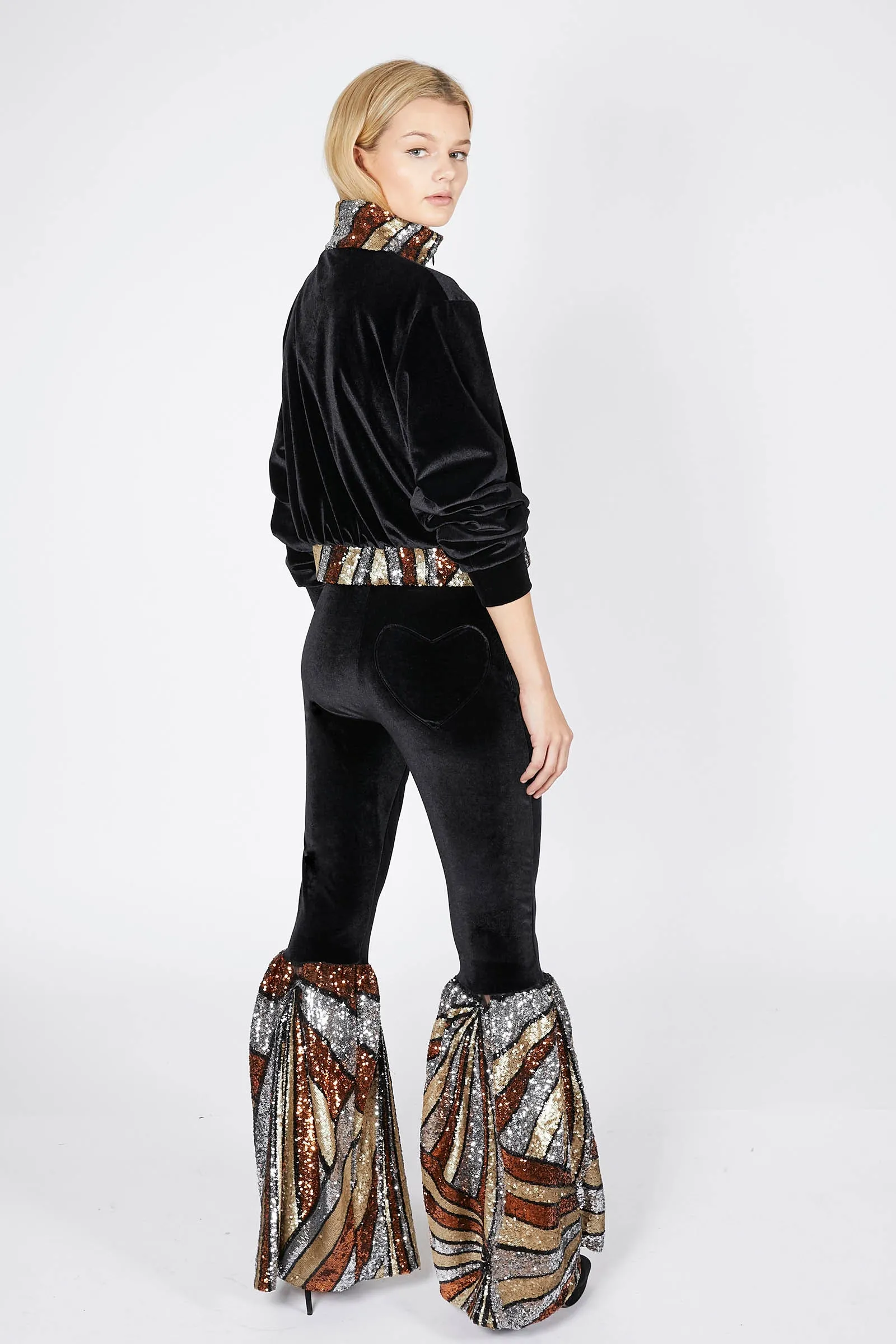 Ilona Rich Black Velvet Bronze Sequin Flared Trousers