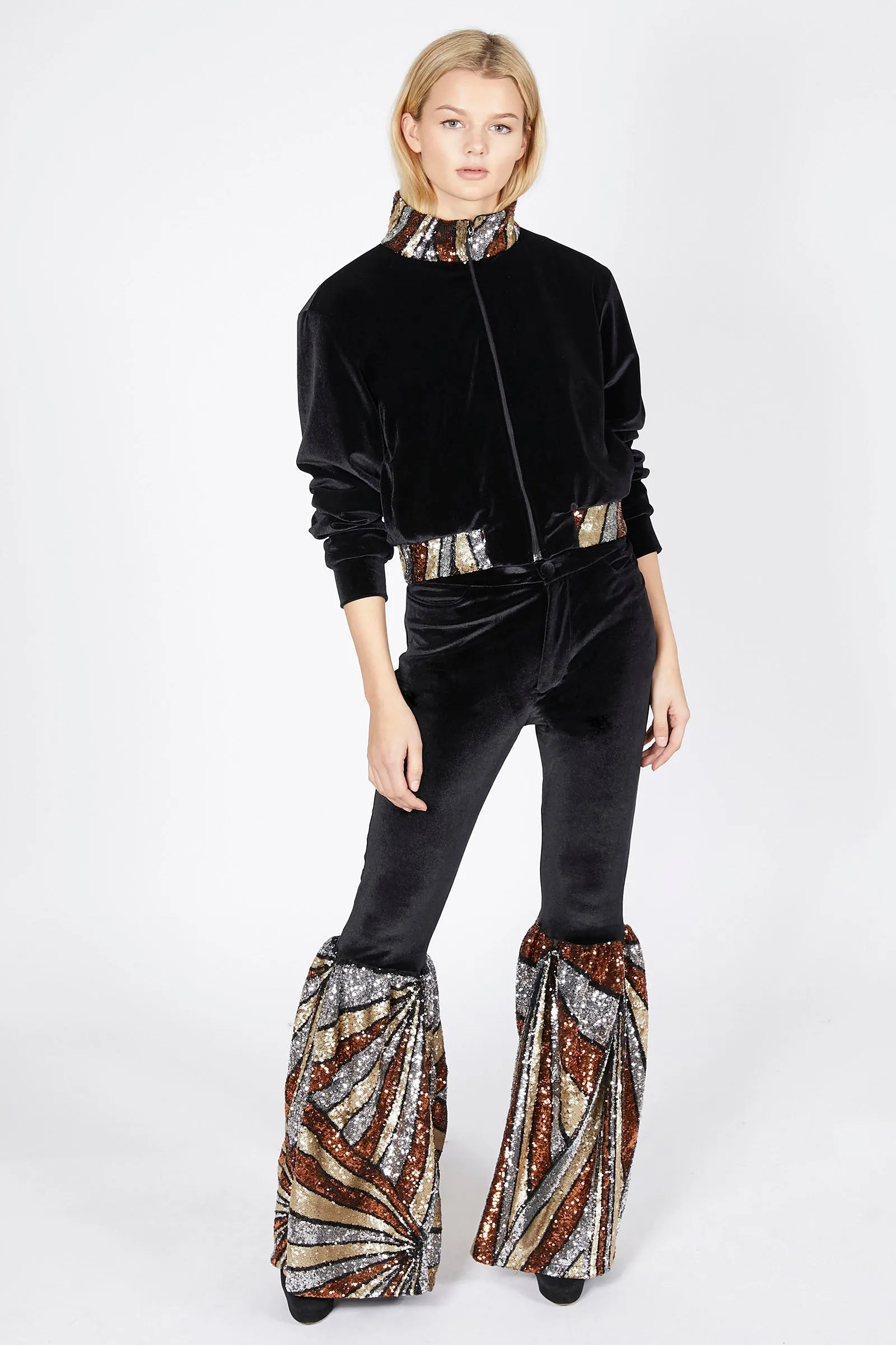 Ilona Rich Black Velvet Bronze Sequin Flared Trousers