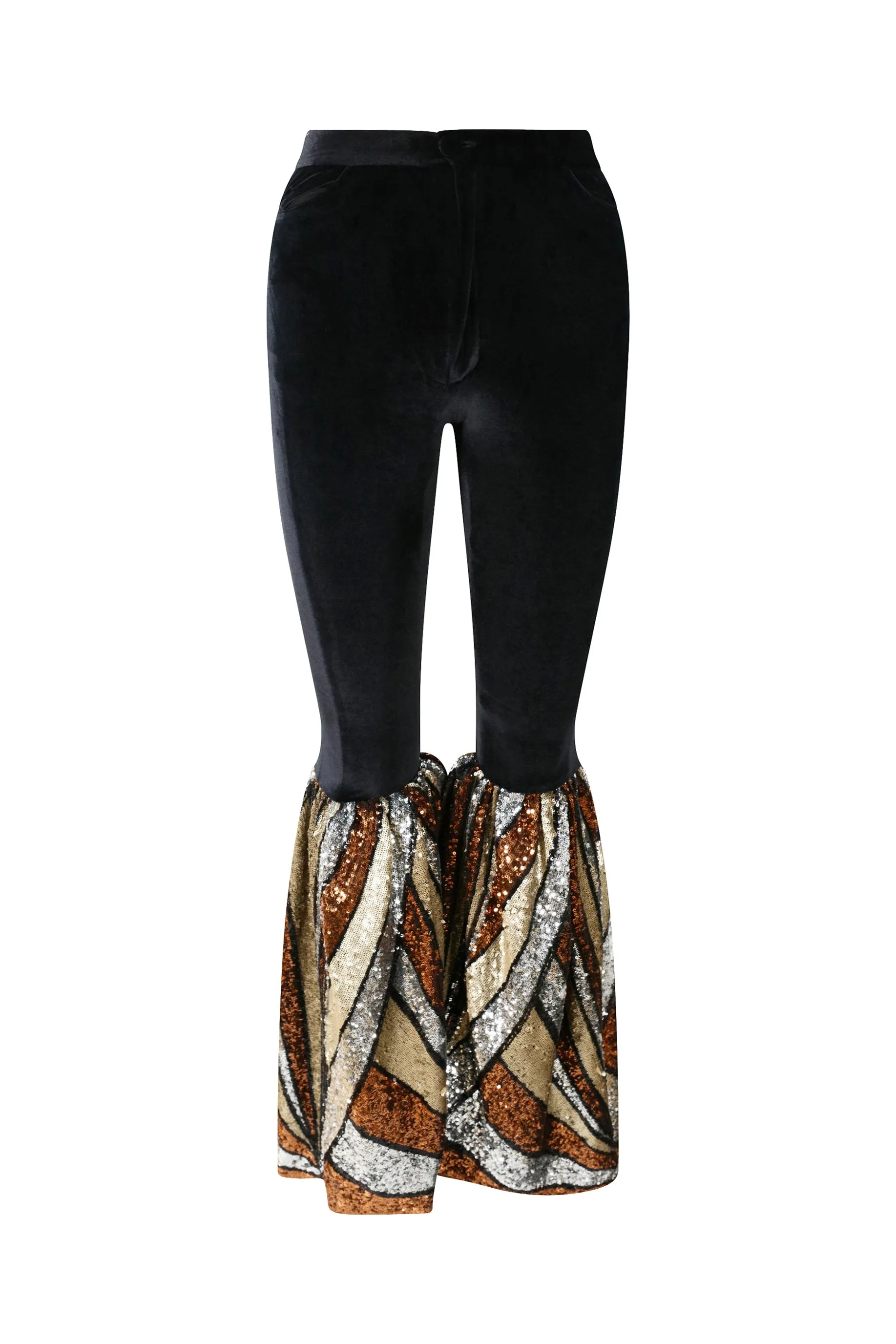 Ilona Rich Black Velvet Bronze Sequin Flared Trousers