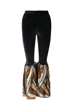 Ilona Rich Black Velvet Bronze Sequin Flared Trousers