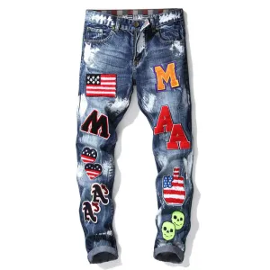 Inelasticity Men's Patch Jeans Mid Waisted Straight Streetwear Pants