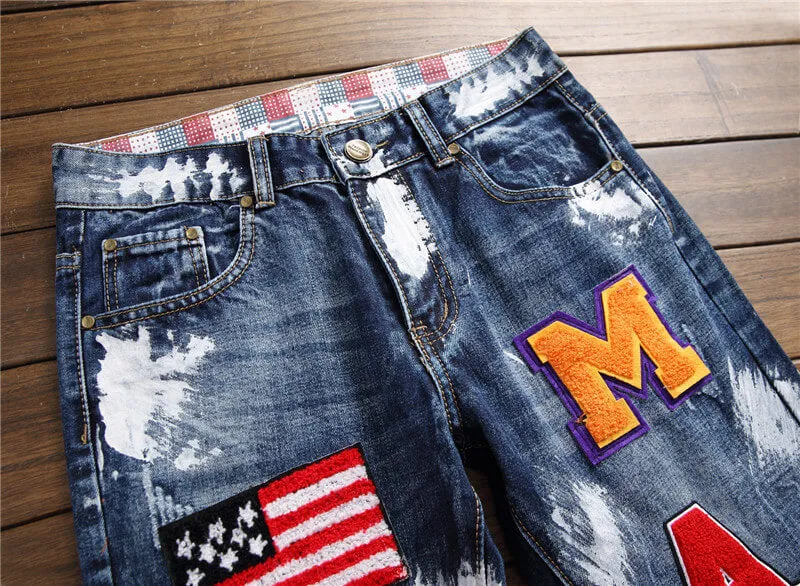 Inelasticity Men's Patch Jeans Mid Waisted Straight Streetwear Pants