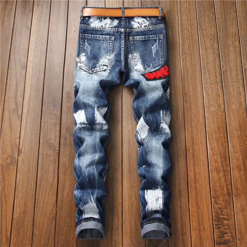 Inelasticity Men's Patch Jeans Mid Waisted Straight Streetwear Pants